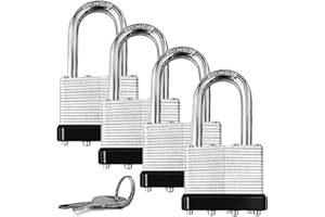 MEINUOKA 4 Pack Padlocks with Same Key, Heavy Duty Laminated Padlock with Long Hardened Shackle for Indoor/Outdoor Use, Canda