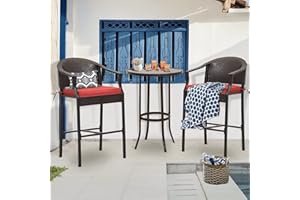 PORWEY 3 Piece Patio Bar Set, Outdoor Rattan Wicker Bar Height Table and Chairs Set, High Top Bistro Set with Pub Table and 2 Cushioned Stools, Outdoor Furniture Set for Backyard Poolside Porch, Red