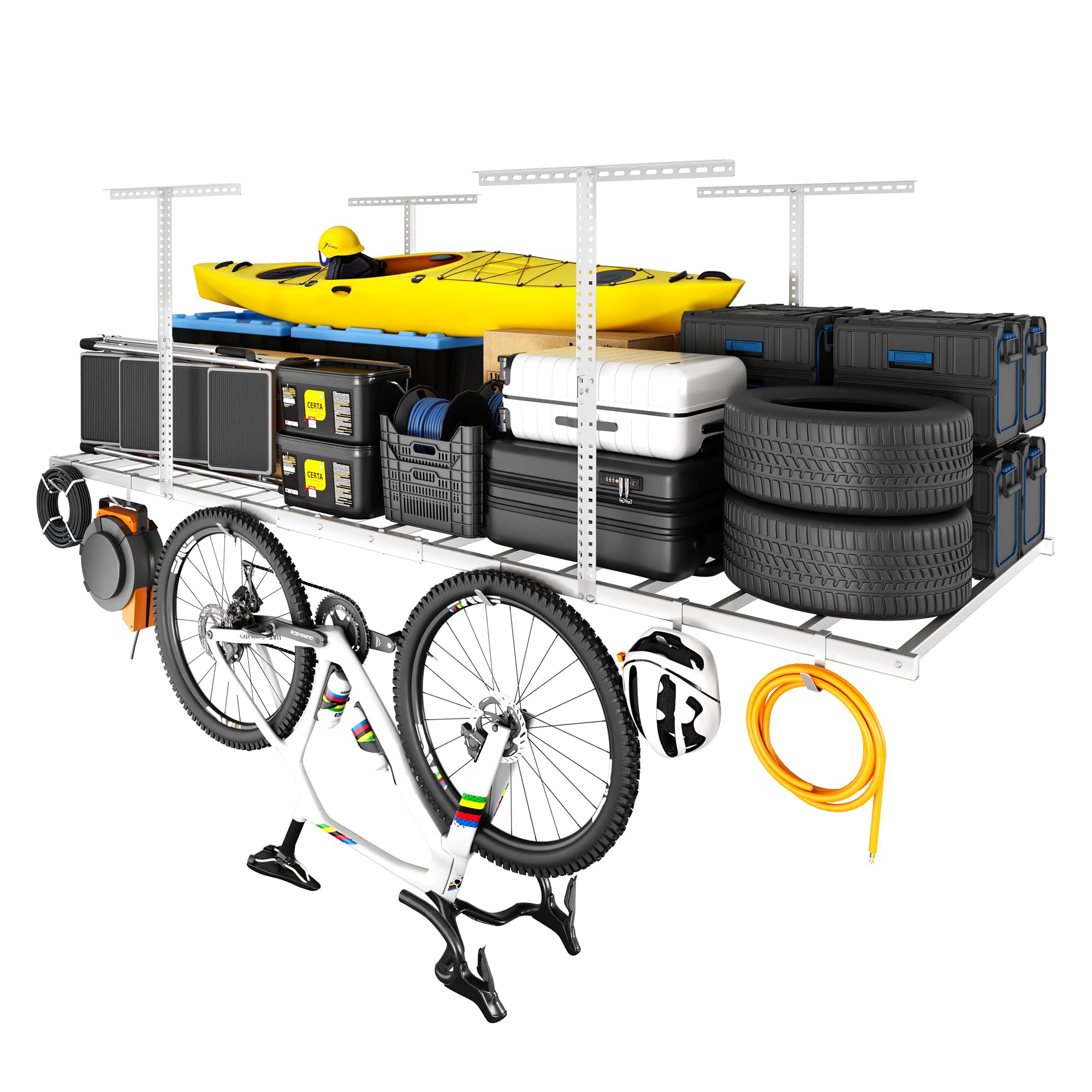 FLEXIMOUNTS Overhead Garage Storage Rack 4x8 Ft, Heavy-Duty Metal Ceiling Rack with 6 Hooks, Adjustable Height 22.6-39.4 Inches for Garage Organization System, White, Lite Series Image