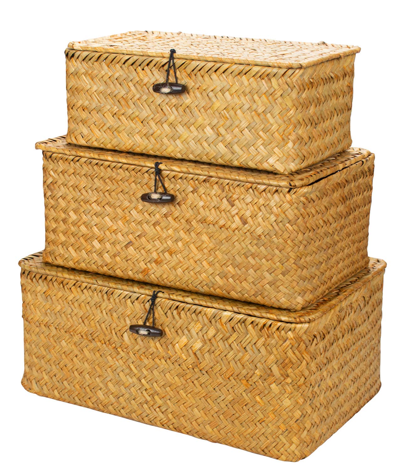 Photo 1 of Yesland Shelf Baskets with Lid Set of 3, Handwoven Seagrass Storage Bins Box Rectangular Seagrass Basket Storage Organizer Wicker Basket for Shelf