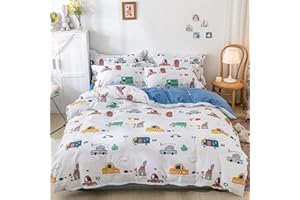 DJY Kids Car Duvet Cover Set Queen, 100% Cotton Cars Bus Print Bedding Set for Boys Girls, 3 Pieces Soft Breathable Reversible Comforter Cover Set (1 Duvet Cover+2 Pillowcase)