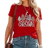 Christmas Graphic Tees for Women Merry Xmas Shirts Casual Funny Holiday T-Shirts Crew Neck Cute Santa Print Top
