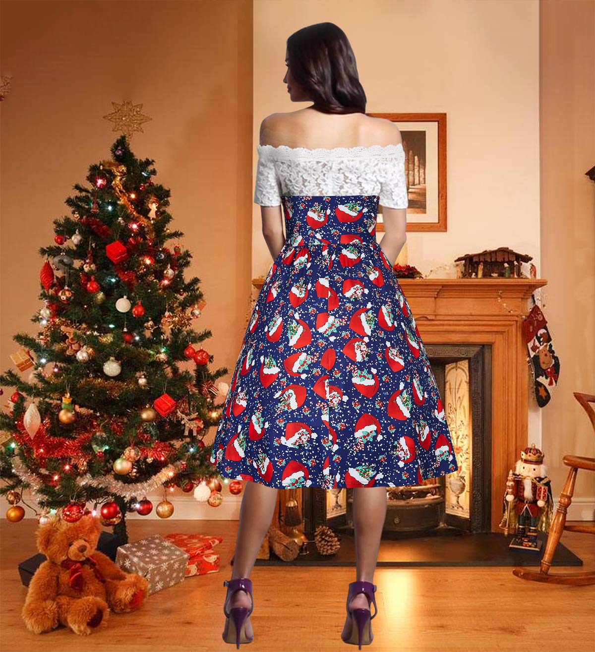 Elegant Christmas Dresses for Women Candy Cane Santa Hat Sexy Off Should Hollow Out Boat Neck Classy Princess Swing Dress Best Xmas Gift for Mother Friends Female Maroon (Xmas Cherry,XXXL)