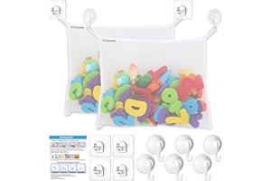 SLONSER 2 x Bath Toy Net, Kids Bath Tub Toy Holder Basket, Corner Mesh Bag, Baby Bathtub Storage Organizer, Large Bathroom Bucket, Toddler Shower Caddy Hanging Bin with 6 Suction Cups, 4 Adhesive Wall Hooks
