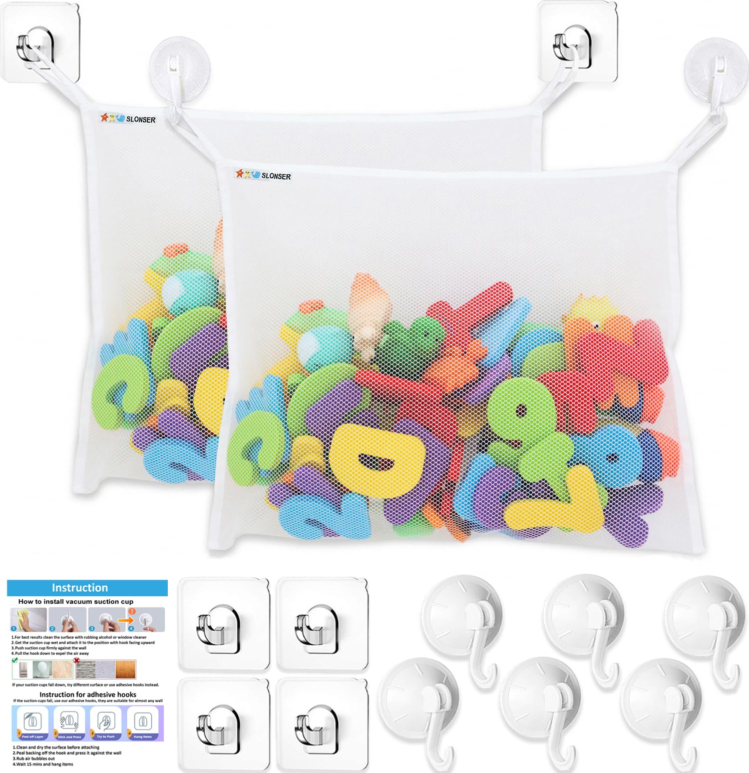 Photo 1 of 2 x Bath Toy Net, Kids Bath Tub Toy Holder Basket, Corner Mesh Bag, Baby Bathtub Storage Organizer, Large Bathroom Bucket, Toddler Shower Caddy Hanging Bin with 6 Suction Cups, 4 Adhesive Wall Hooks