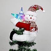 Snowman and Star Tree Topper with Lights Christmas Decorations,Unique Funny Xmas Plush Stuffed Snowflake Hat Snowman Hugger Decor and Battery Operated Colorful Star Tree Ornaments Red White