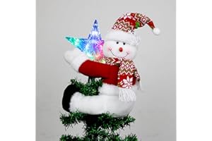 HONGSOME Snowman and Star Tree Topper with Lights Christmas Decorations,Unique Funny Xmas Plush Stuffed Snowflake Hat Snowman Hugger Decor and Battery Operated Colorful Star Tree Ornaments Red White