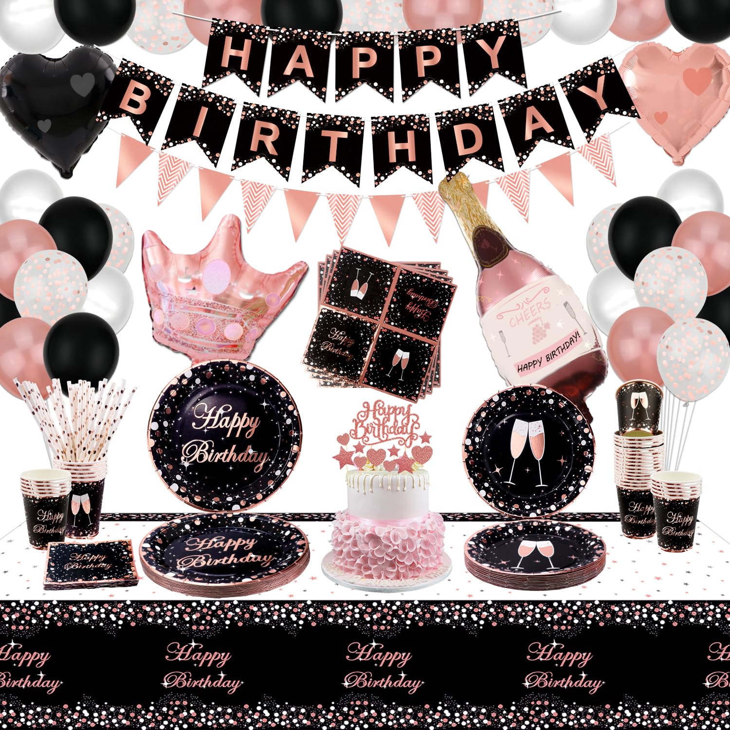 XJLANTTE Black and Rose Gold-Rose Gold Party Balloon,Happy Birthday Banner,Cake Topper,Paper Plates,Napkins,Cups and Tablecloth for Girl Women Party Decorations,Serves 20 Guest (Set 02)