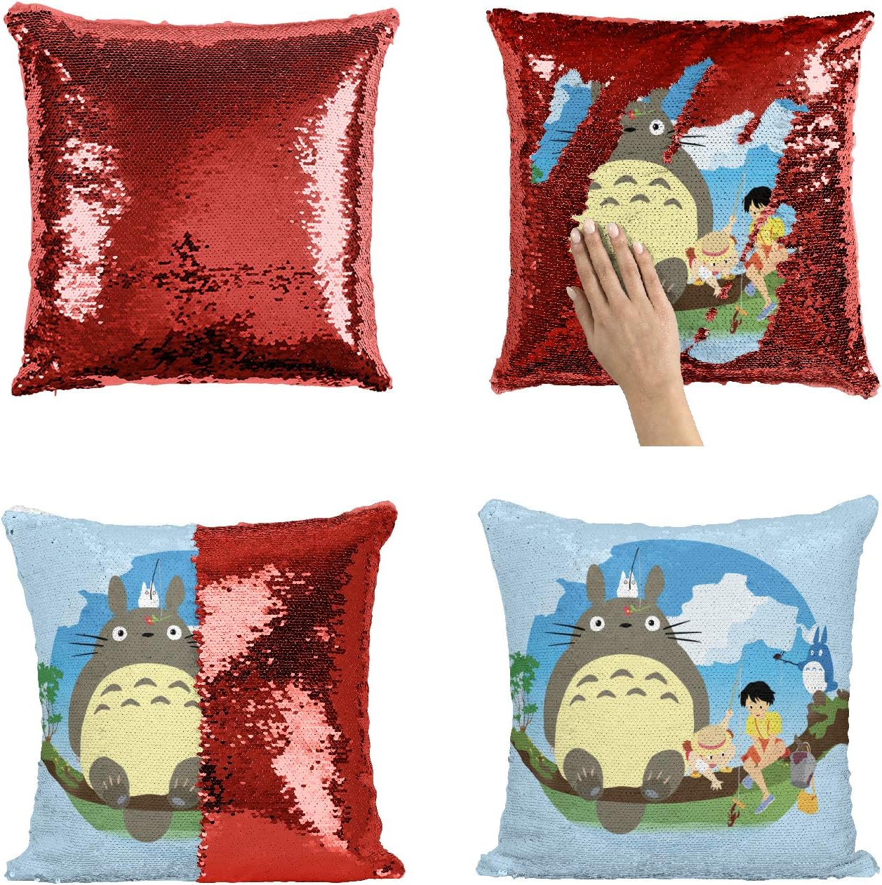 Studio Ghibli Totoro Characters Sequin Pillow, Mermaid Pillow, Reversible Pillow, Pillowcase Funny Pillow, Xmas, Birthday, Gift, Present (Pillow Cover)