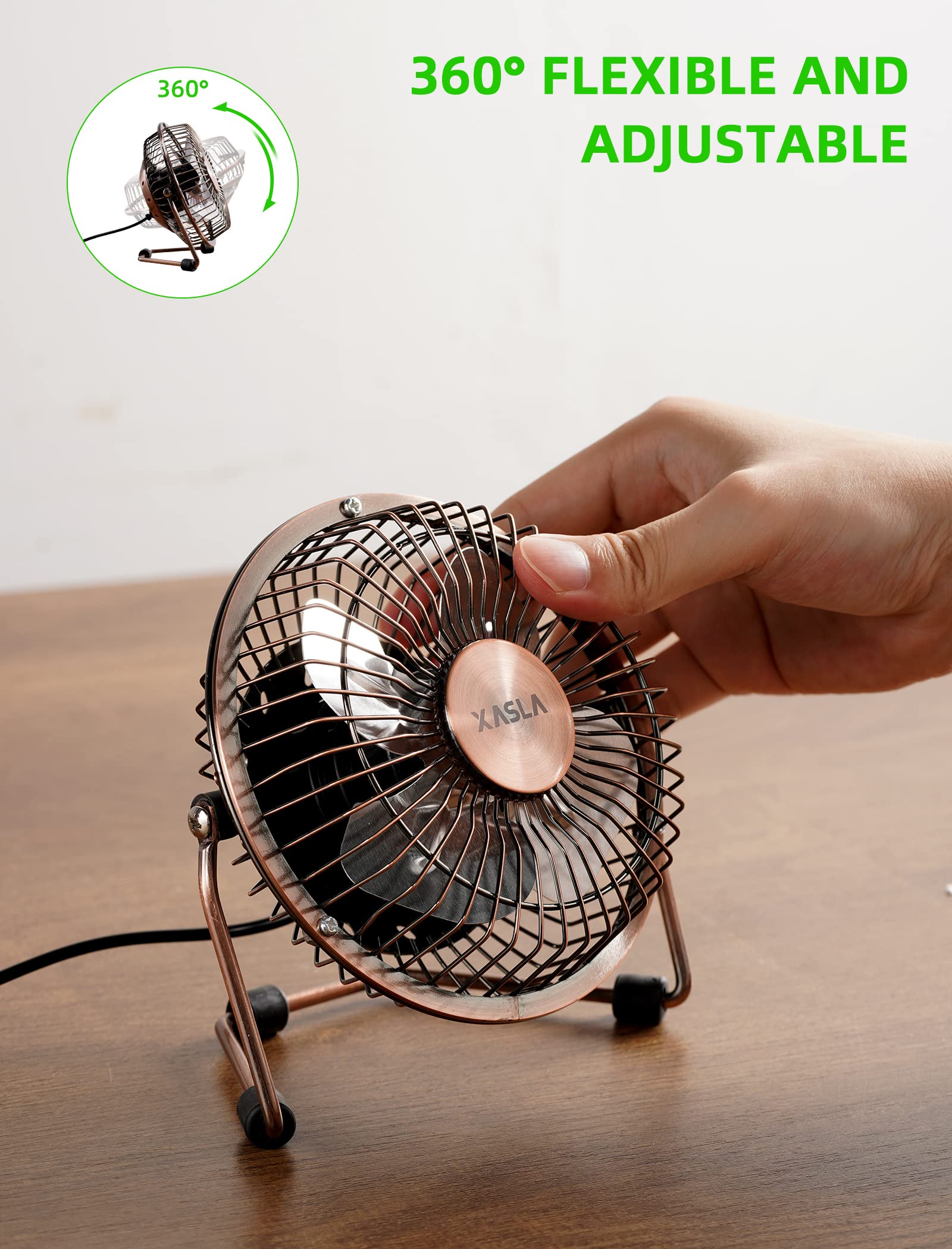 xasla 4 Inch Small USB Desk Fan, Mini Quiet Fan with Metal Construction & Strong Airflow & 360°Adjustable Tilt Angle, Personal Cooling Fan for Desktop Office (Bronze)