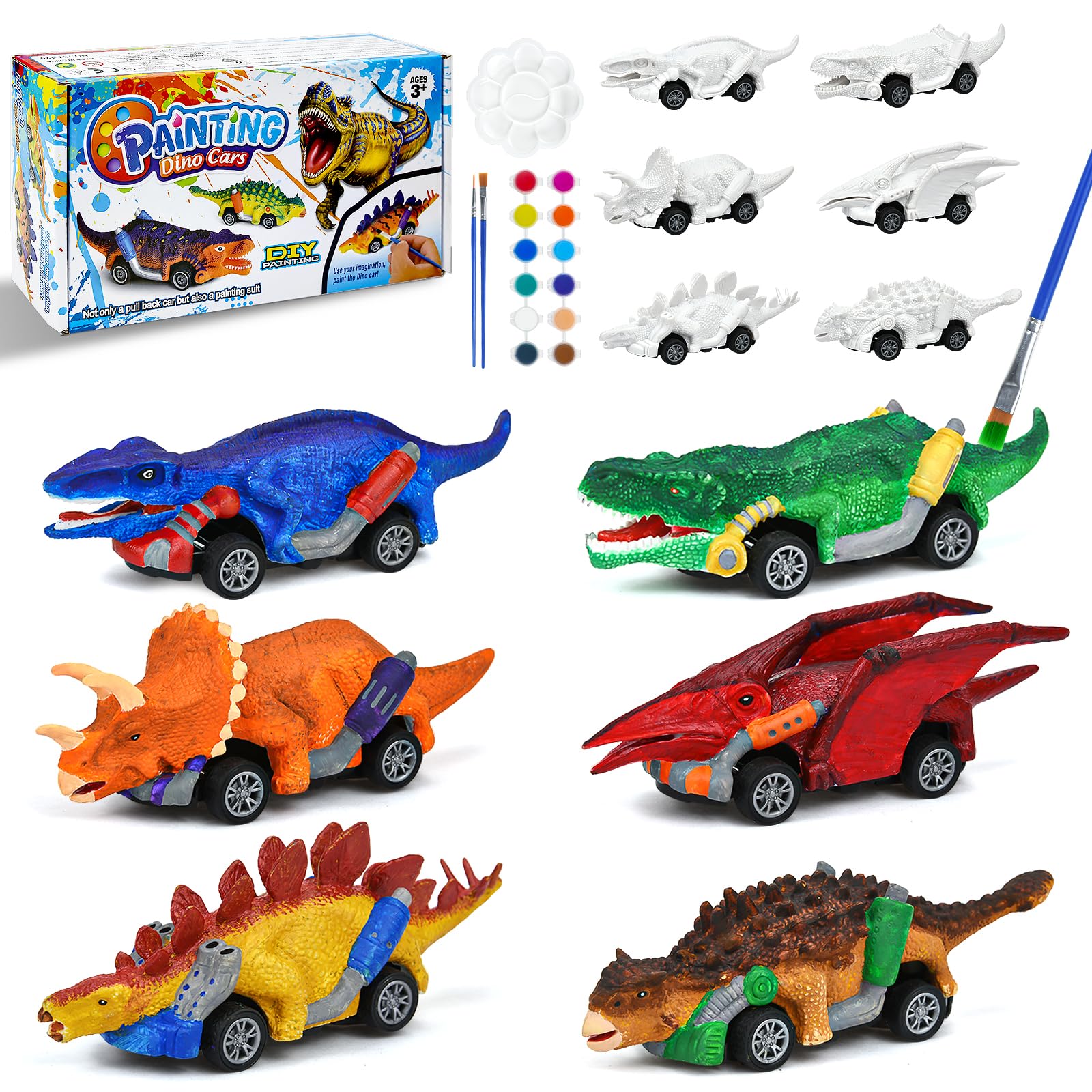 FGZU Painting Dinosaur Toy Pull Back Cars Set, DIY Dinosaur Toys for Boys Age 3 4 5 6, Painting Kits for Kids Ages 4-8, Art and Craft for Kids 3-12, Birthday Gifts for Boys Ages 3 4 5 6 7 8 (Style 1)