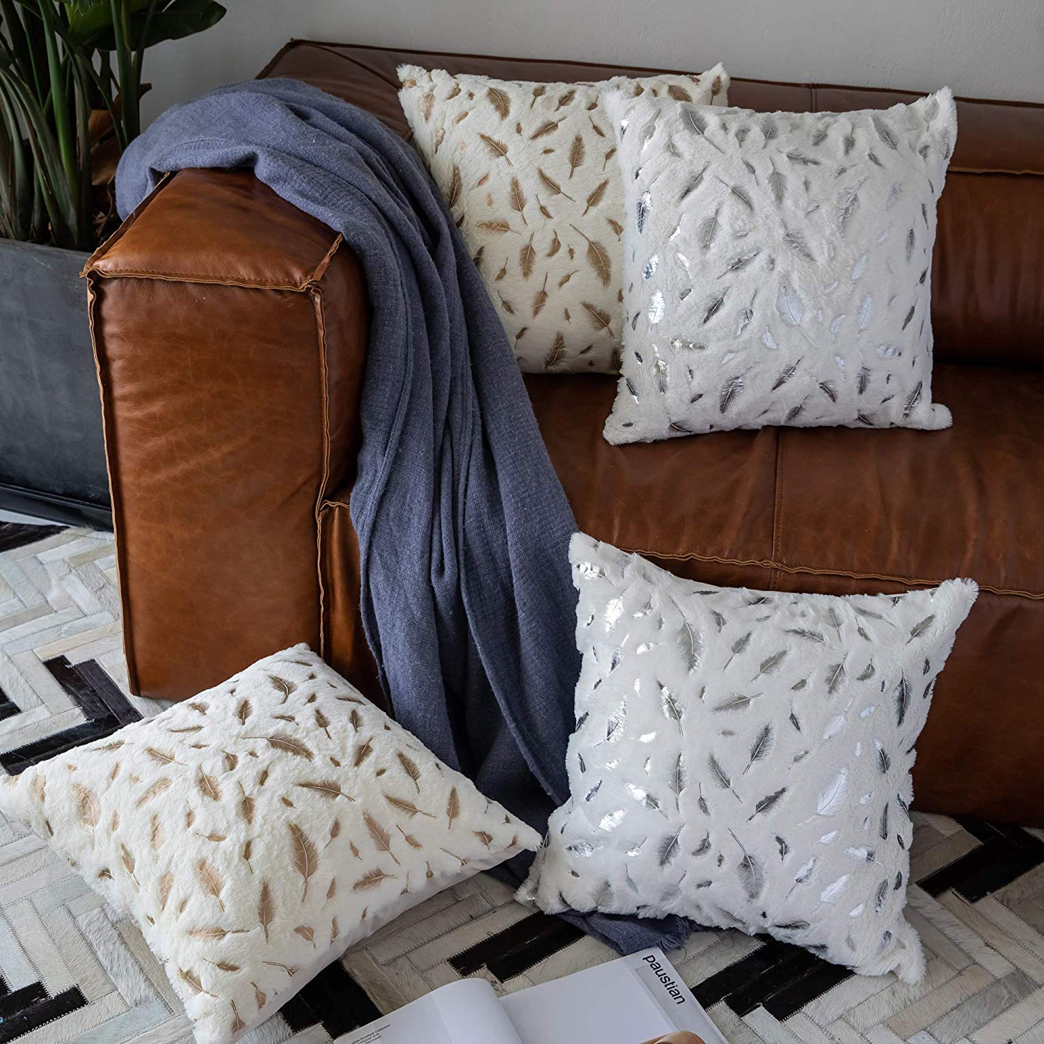 Gigizaza Plush Faux Fur Cushion Covers 45cm X 45cm Gold Leaf Fluffy Decorative Throw Pillow Covers For Sofa Couch Bedroom 18x18 Inch White Set Of 2 Buy Online In Faroe Islands At