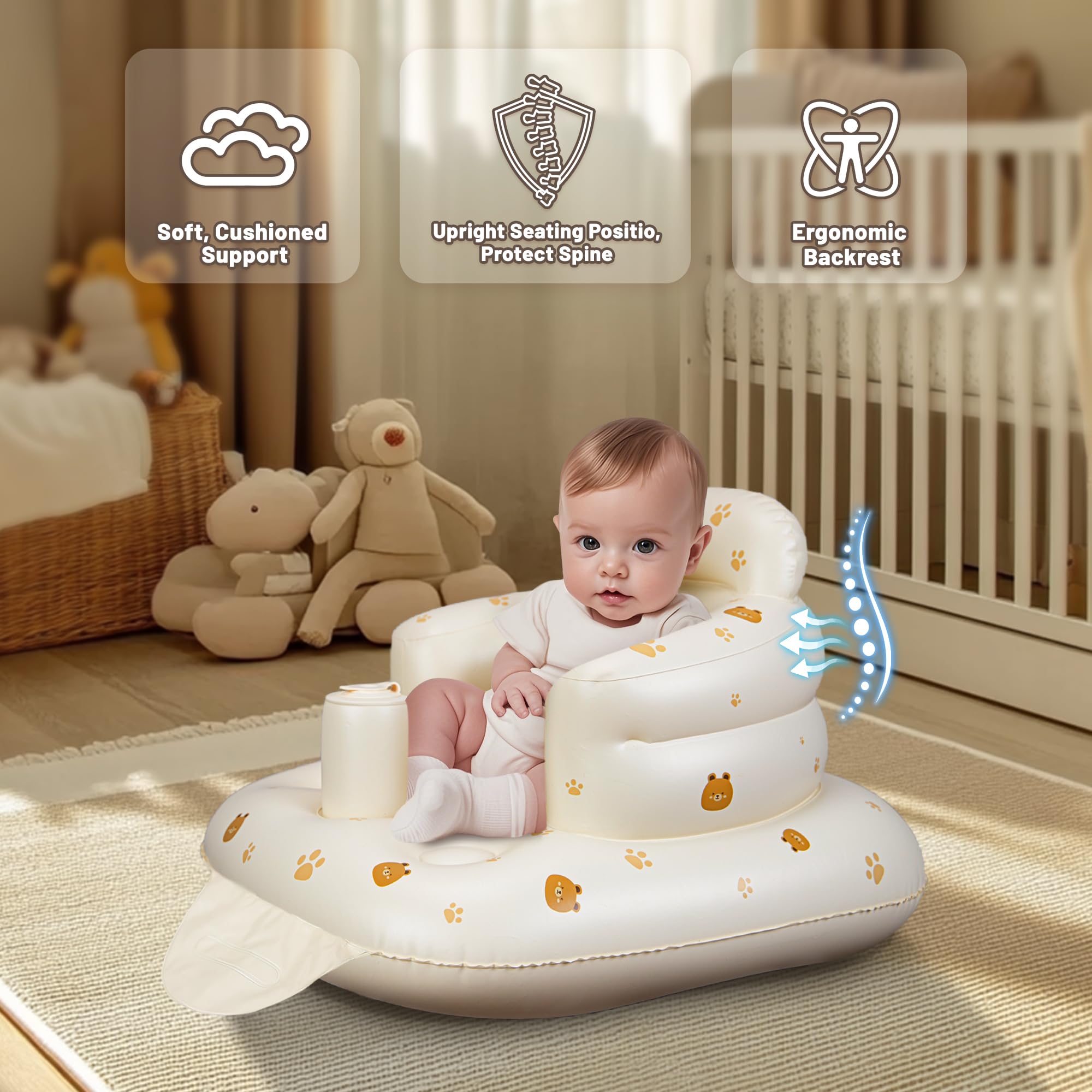 JOSEN Inflatable Baby Seat for Babies 3 Months & Up, Baby Floor Seats Learn to Sit Up, Portable Infant Feeding Shower Chair, Blow Up Baby Chair with Built in Air Pump - Cute Bear