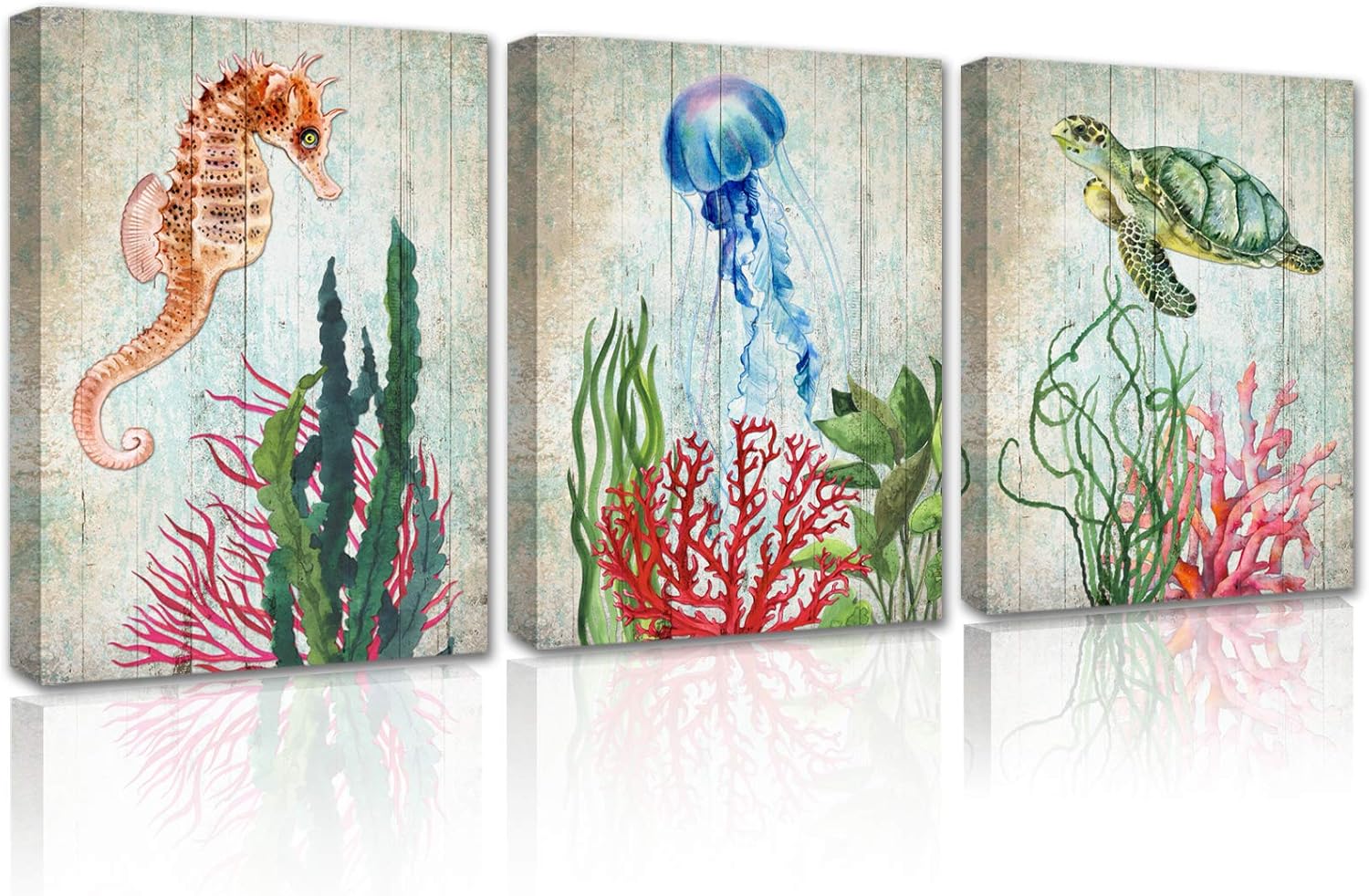 Ocean Wall Art Bathroom Decor - Sea Turtle Fish Coral Grey Framed Canvas Painting Modern Home Decoration Living Room Kids Bedroom Print Coastal Seahorse Nature Aqutic Animal Artwork 3 Piece Set