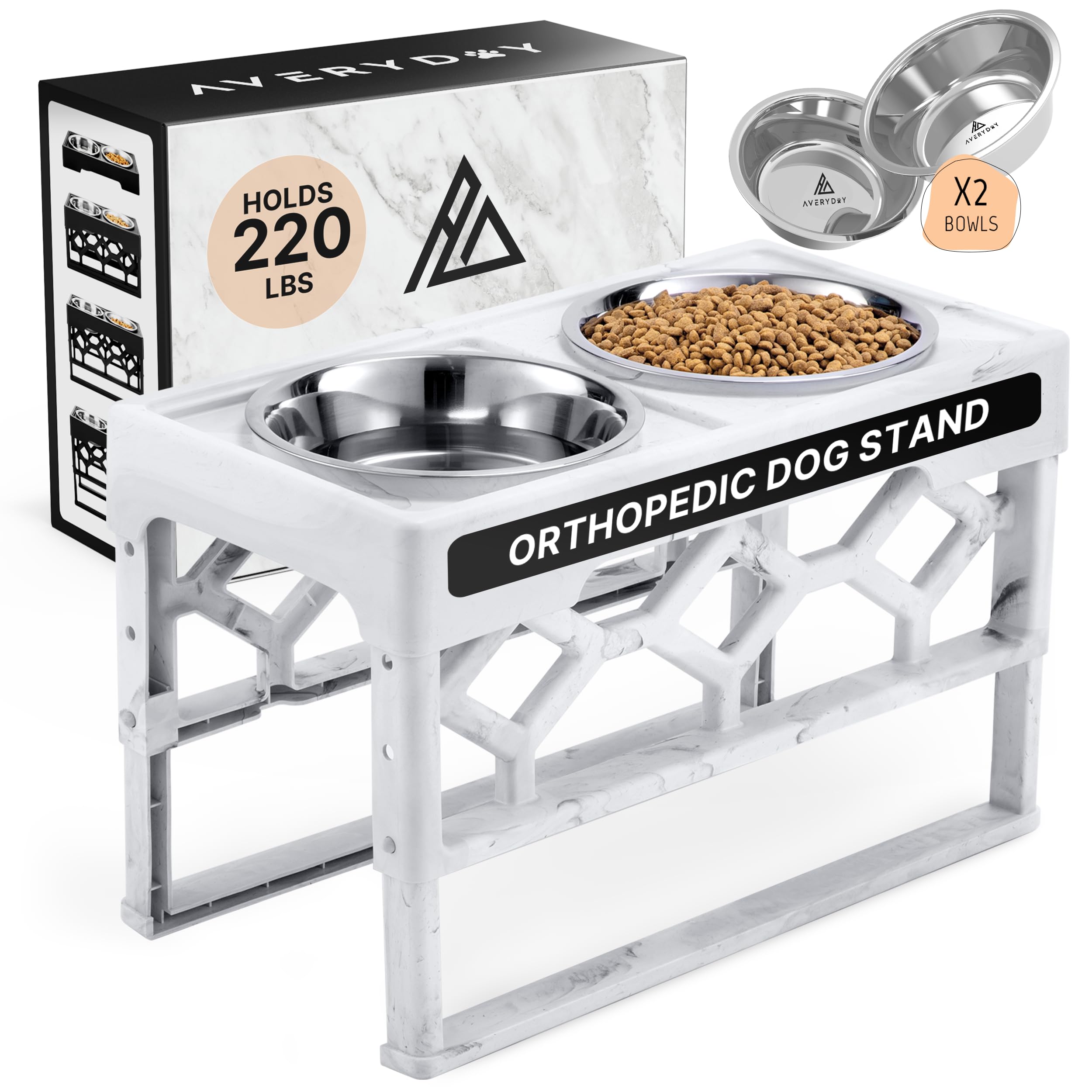 AVERYDAY Elevated Dog Bowls, 4 Height Adjustable Stand for Medium and Large Dogs, Raised Dog Feeder Holder with 2 Stainless Steel Food and Water Bowls, Anti-Slip Base Tall Feeding Station Image