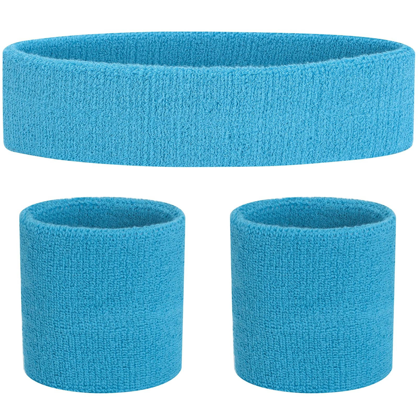 FACATH Sweatband Set Light Blue Sports Headband Wristband Set Terry Cloth Wristband Athletic Exercise Basketball Wrist Band Headbands Moisture Wicking Sweat Absorbing Cotton Stripped Sweat Band