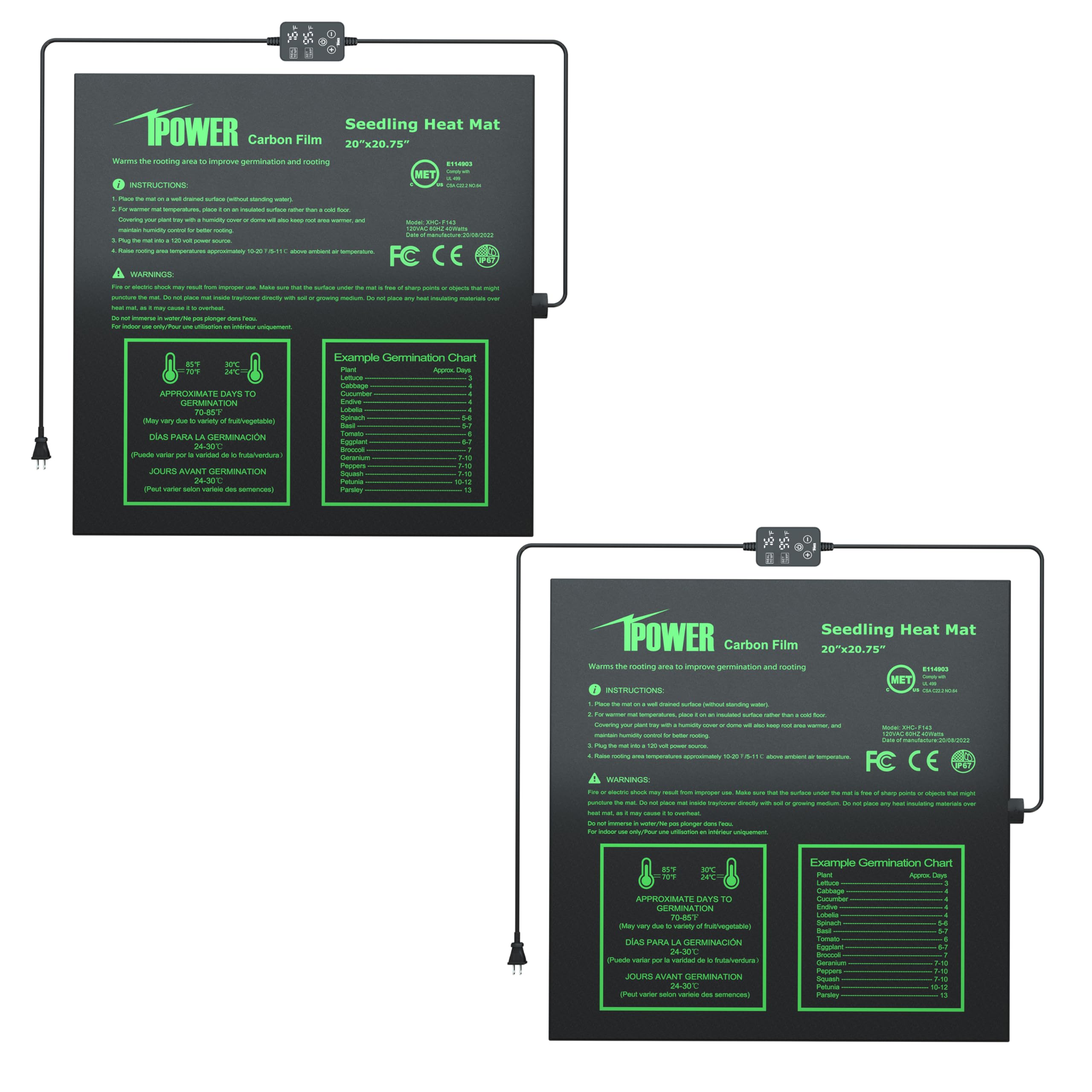 iPower 2-Pack Seedling Heat Mat for Plants with Dual Digital Temperature Controller, MET Certified Heating Pad, 20" x 20.75", Black Image