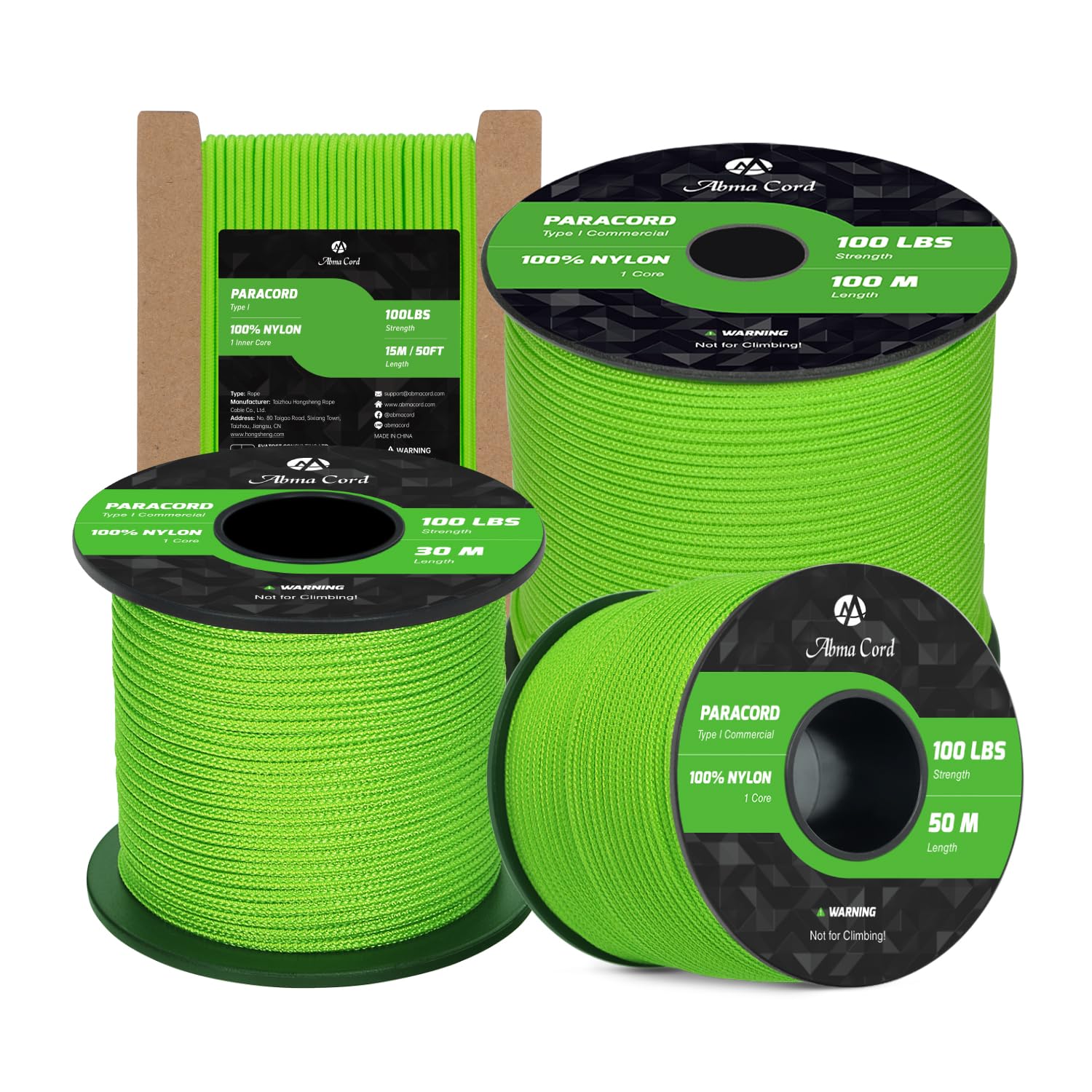 Abma Cord Paracord 2mm 100m 100% Nylon Rope 1 Strand Type I Parachute Cord - Max. 45kg (100lbs) - Neon Green