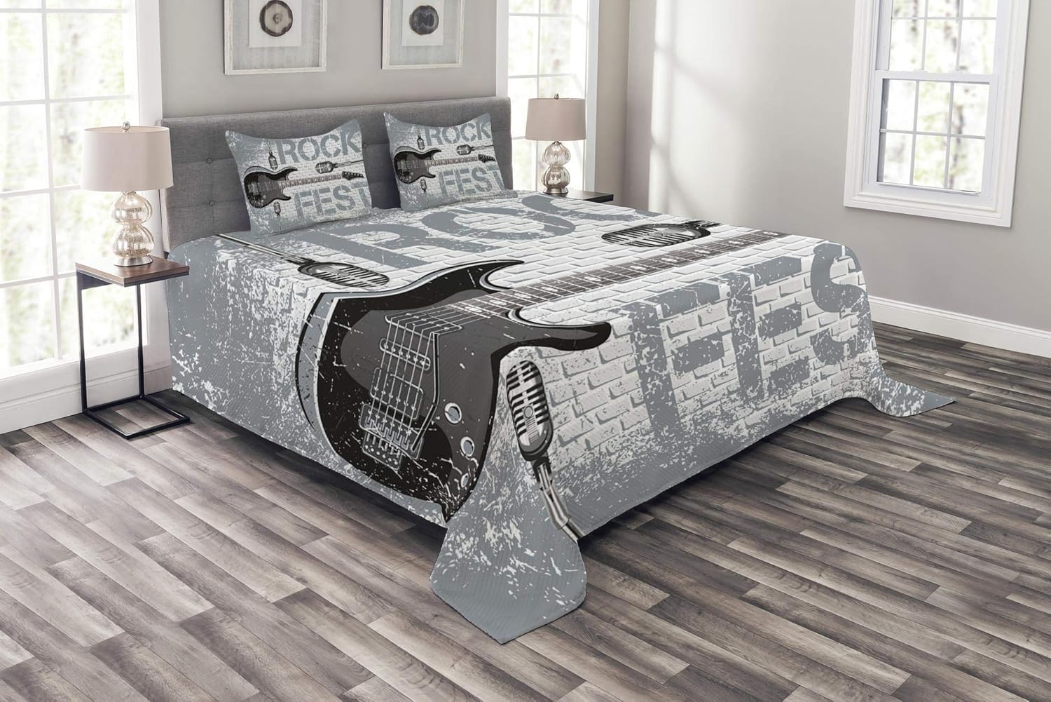 ABAKUHAUS Rock Music Bedspread Set, Guitar on Brick Wall, Decorative Quilted 3 Piece Coverlet Set including 2 Pillow Shams, Grey Black