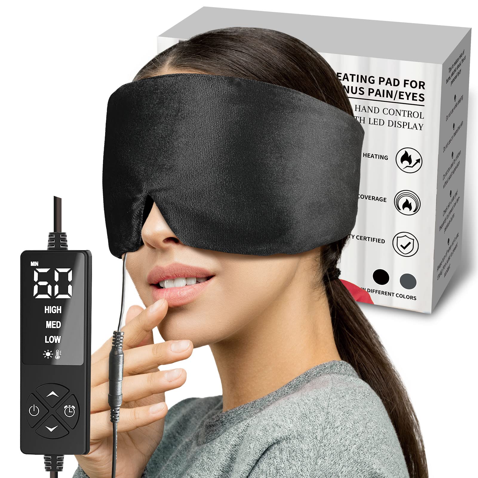 Photo 1 of sticro Heated Eye Mask with Extra Large Size for Dry Eyes and Sinus Pressure Relief, Ultra Soft Face Heating Pad for Tension Headache Relief, Jaw TMJ Pain Relief - 3 Heat & 5 Timing Settings (Black)