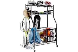 VEVOR Sports Equipment Garage Organizer, Rolling Ball Storage Cart on Wheels, Basketball Rack with Baskets & Hooks, Indoor/Ou