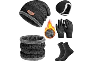 Oleda Winter Warm Knit Beanie Hat Neck Warmer Scarf Touch Screen Gloves Ear Muffs Socks 5 PCS Set for Men Women Fleece Lined