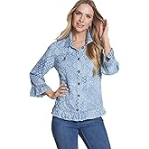 MULTIPLES womens Ruffle Three Quarters Sleeves Two-pocket Ruffle Hem Jean Jacket
