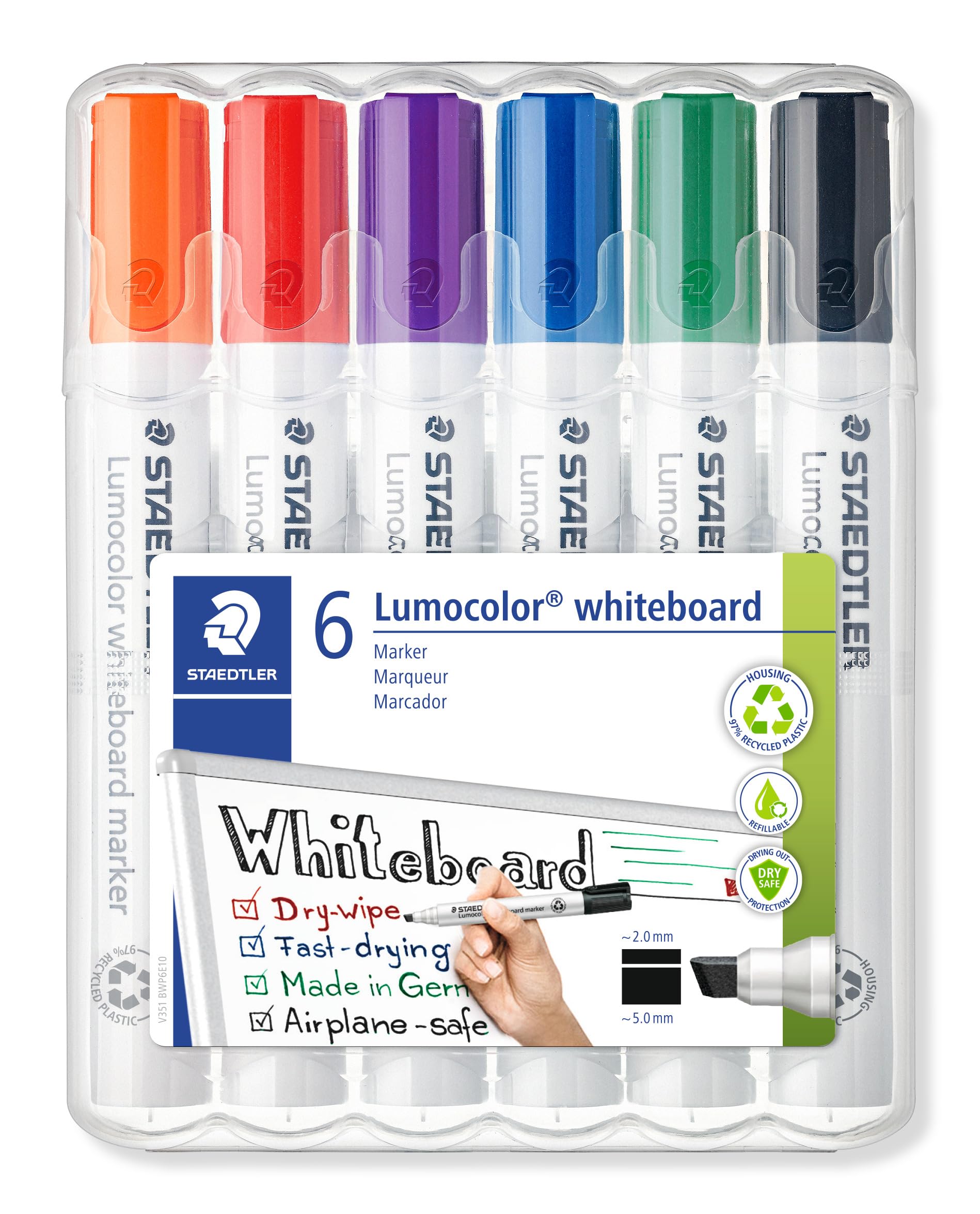 STAEDTLER 351 B WP6 Lumocolor Whiteboard Marker Chisel Tip - Assorted Colours (Pack of 6)
