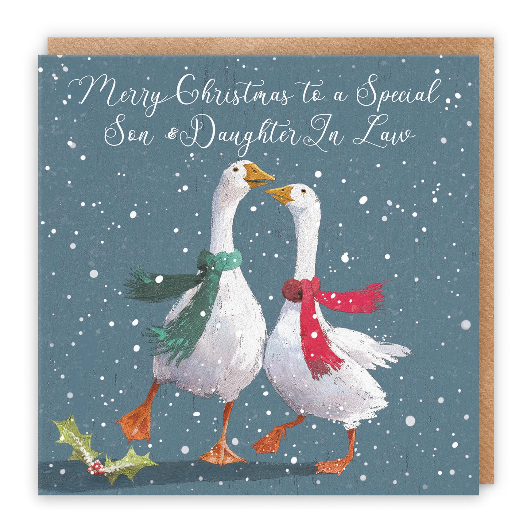 Hunts England Son And Daughter In Law Stunning Artistic Christmas Card - Merry Christmas To A Special Son & Daughter In Law - Festive Geese - Milo's Gallery Collection