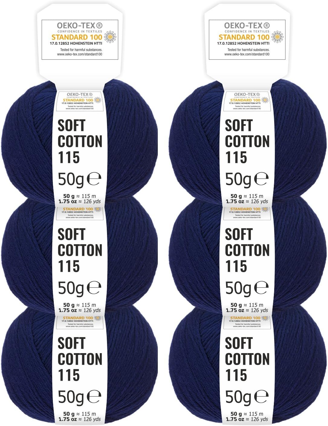 100% Cotton Wool in 14 Colours - 300g Set (6 x 50g) - Oeko Tex Standard 100 certified wool for knitting and crochet by fairwool - dark-blue