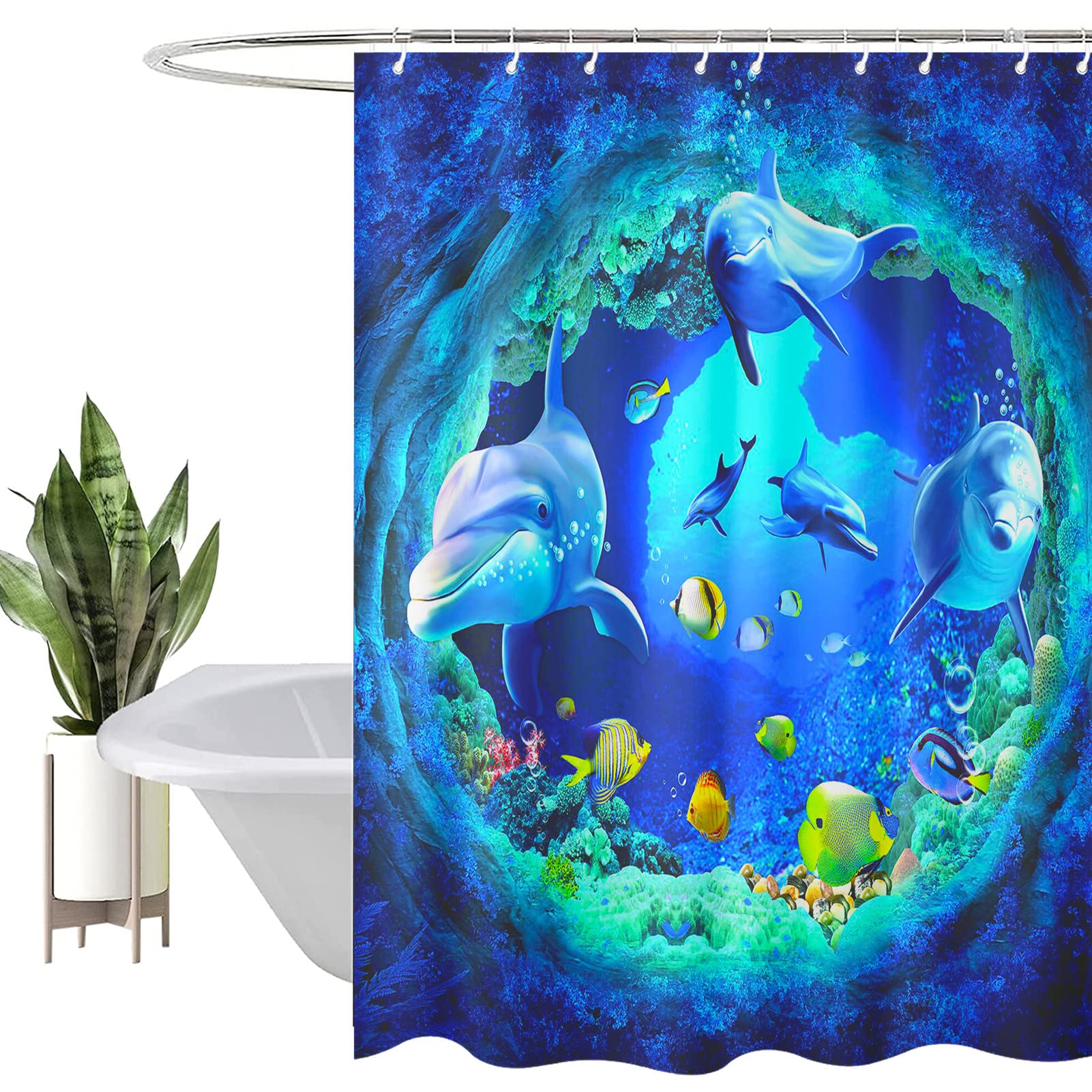 HEYOMART Shower Curtain Heavy Duty Polyester Fabric Waterproof Shower Curtain Liner, 3D Digital Painting Pattern for Shower Stall, Bathroom Curtains with 12 PCS Hooks (180x200cm, Dolphins-G)