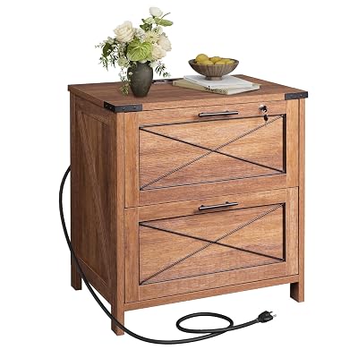 DEVAISE Lateral File Cabinet with Lock, 2 Drawers & Charging Station, Farmhouse Wood Printer Stand with Large Storage, Fits A4/Letter/Legal Hanging Files, Oak