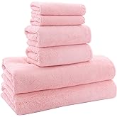 MOONQUEEN Ultra Soft Towel Set - Quick Drying - 2 Bath Towels 2 Hand Towels 2 Washcloths - Microfiber Coral Velvet Highly Absorbent Towel for Fitness, Bathroom, Sports, Yoga, Travel (Pink, 6 Pcs)