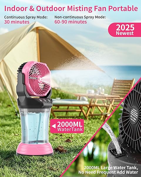TDLOL 30000MAH MISTING FAN PORTABLE BATTERY POWERED FAN WITH 2L WATER TANK,PORTABLE MIST COOLING FANS FOR OUTDOOR CAMPING TENT TRAVEL-120°AUTO OSCILLATING,4 WIND SPEEDS & SPRAY MODES,RGB LIGHT PINK