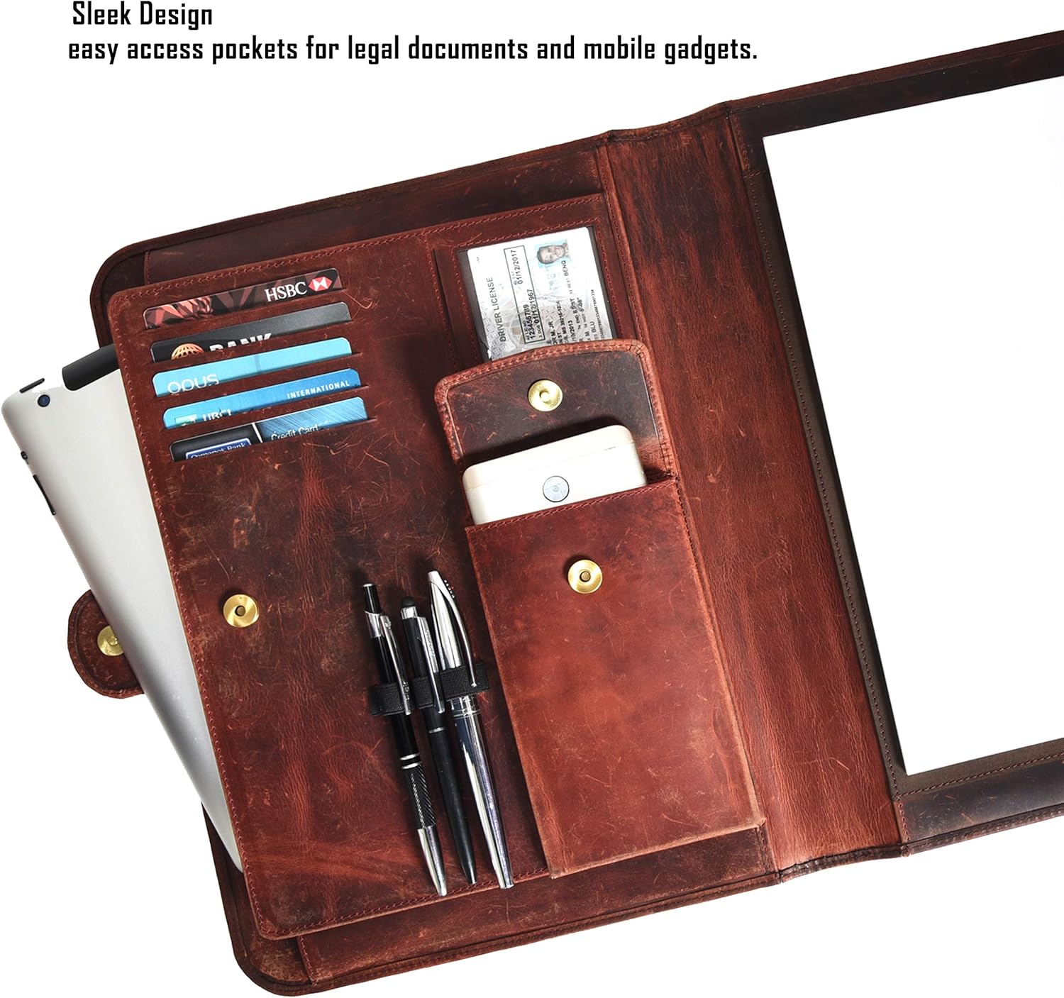 Leather Portfolio for Men and Women - Multi Pocket Padfolio Folder (Brown Crazy Horse) : Office Products