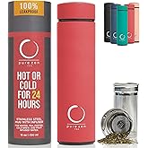 Pure Zen Tea Thermos with Infuser for Hot and Cold Infusions - Stainless Steel - Tea Infuser Bottle - Leakproof Travel Mug with Filter - 15oz - Red