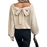 WDIRARA Women's Bow Sweaters Long Sleeve Backless V Neck Oversized Knit Pullover Sweater