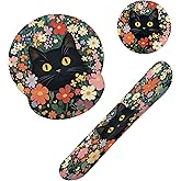 Cute Black Cat Flower Mouse Pad with Wrist Rest Set, 3-in-1 Wrist Support Mousepad Set, Gaming Mat Pad with Anti-Skid Base,Ergonomic Memory Foam Mouse Pad Set for Women, Office, Typing, Gaming