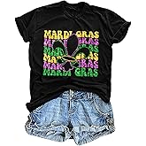 Mardi Gras T Shirts Women: Glitter Mask Graphic Tee Fat Tuesday Tshirts Carnival New Orleans Party Tops