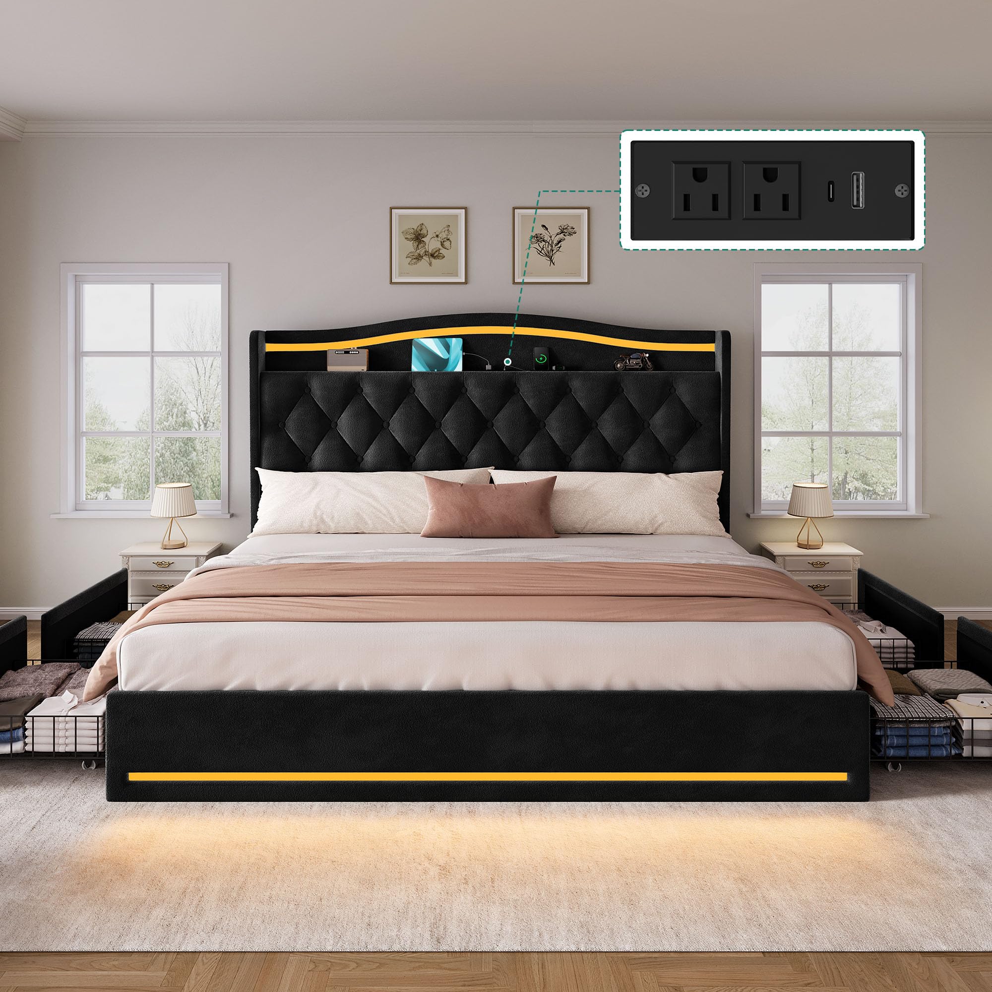 Photo 1 of *-**PARTIAL SET ***
DWVO King Size Bed Frame with 4 Storage Drawers and RGB LED Lights, 57'' Tall Headboard Velvet Upholstered Bed with Charging Station, No Box Spring Needed, Easy Assembly, Noise-Free, Black