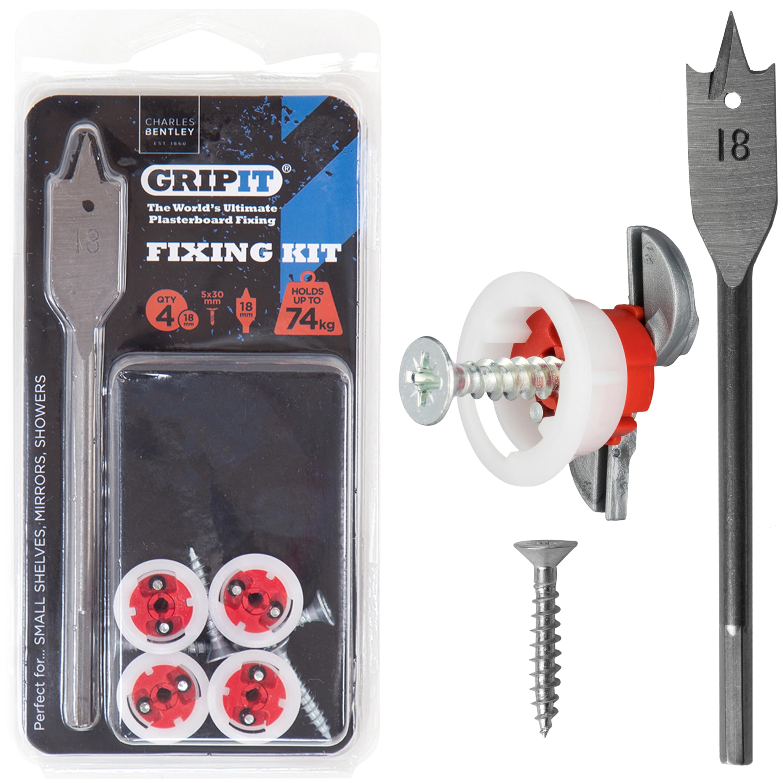 Gripit Red Shelf Kit - Pack of 4 - Heavy Duty Plasterboard Fixings for Drywall & Stud Walls, Holds Up to 74kg - Ideal for Shelves, Mirrors, Speakers & Shower Units - Easy Install & UK Designed