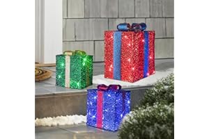Vanthylit Set of 3 Christmas Lighted Gift Boxes, Outdoor Led Present Box Light with Bow, Light Up Muticolor Present Box Set Plug in for Yard Lawn Porch Garden Holiday Party Christmas Home Decorations