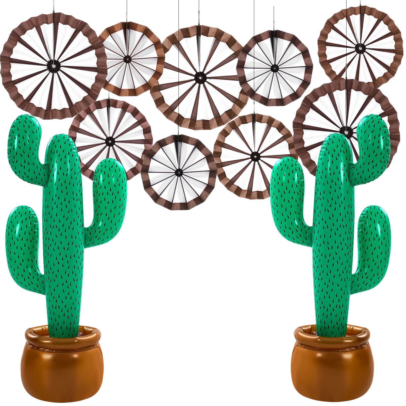 Photo 1 of Outus 11 Pcs Western Cowboy Party Decorations Wagon Wheels Paper Fans Inflatable Cactus Prop Wild West Themed Cowboy Ceiling Wall Hanging Decoration for Rodeo Country Farm Theme Birthday Supplies