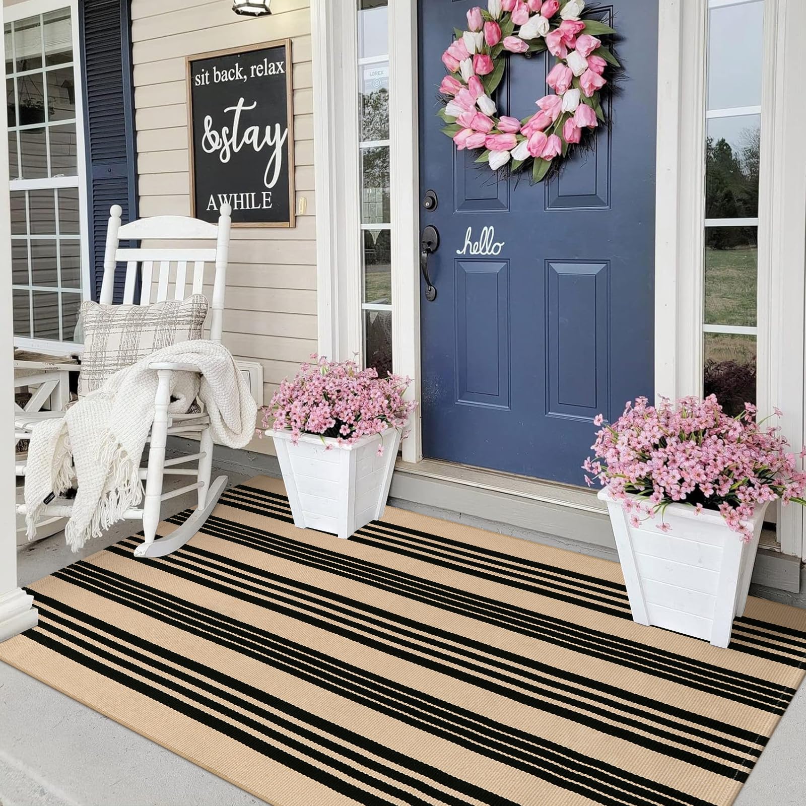 Photo 1 of Sungea Black and Khaki Striped Rugs 3x5, Outdoor Cotton Hand Woven Front Door Mat,Washable Reversible Layered Fall Door Mats, Foldable Front Porch Rug for Entryway/Home Entrance/Farmhouse/Autumn