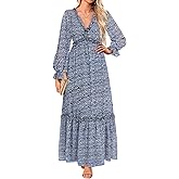 Women Fall Dress Long Sleeve - Chiffon Casual Maxi Long Flowy Boho V Neck Dresses