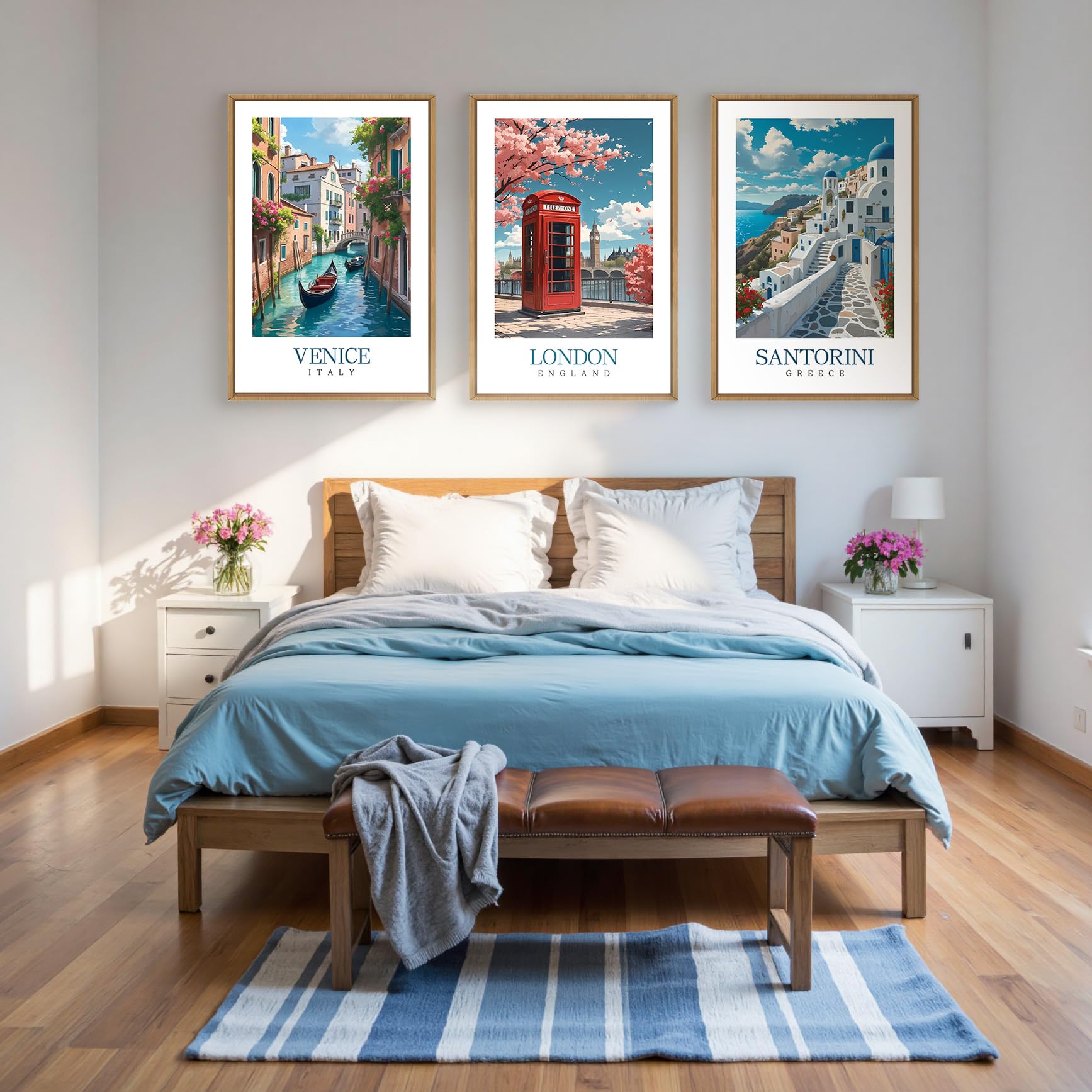 Condition photo showing New/Like New for hlniuc italy coast wall art framed, blue europe cityscape italian wall decor set of 3 (16"x24"), ven