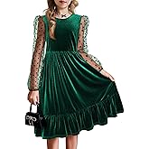 Arshiner Girls Dresses Contrast Mesh Velvet Long Sleeve A-Line Vintage Party Dress with Pockets