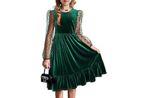 Arshiner Girls Dresses Contrast Mesh Velvet Long Sleeve A-Line Vintage Party Dress with Pockets