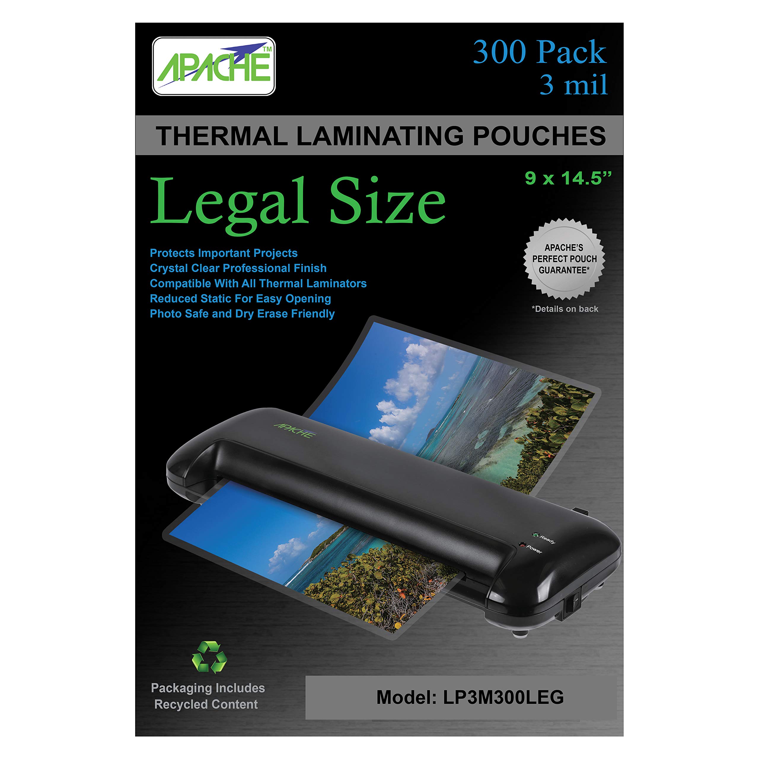 Apache Laminating Pouches 3 mil, for 8.5 x 14 inch Legal Size Paper 9 x 14.5 inch Sheets, 300 Pack