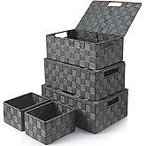 Storage Baskets with Lids: 5 Pack Stackable Woven Storage Bins, Grey | Decorative Woven Baskets for Organizing with Built-In Handles for Shelves, Closets, Cabinets and Cubbies, Gift Small Basket